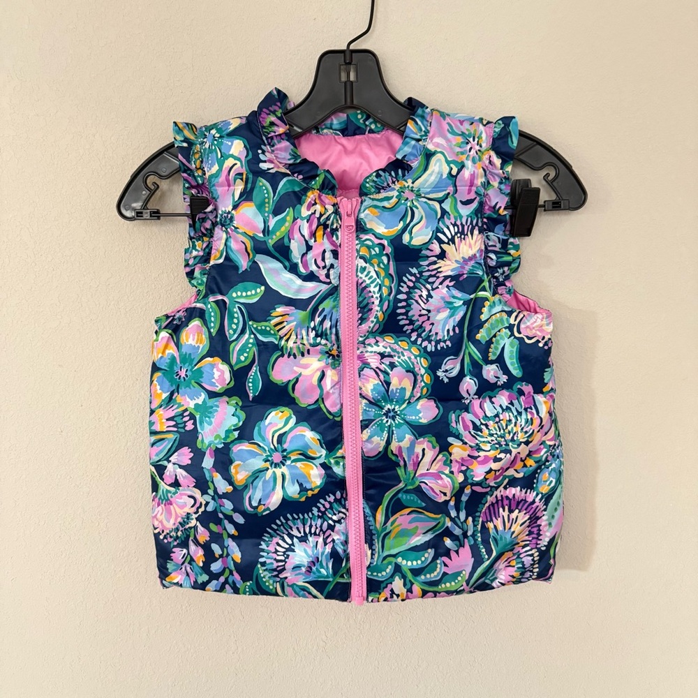 Lilly Pulitzer Puffer Vest Girls Large 8-10 Pink Navy Reversible Down Floral
